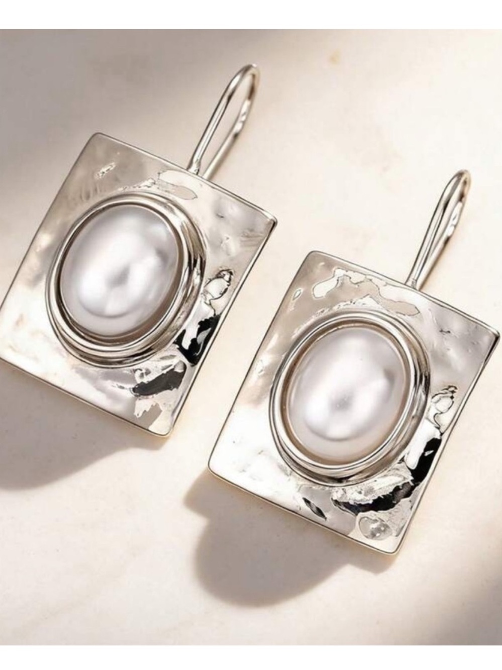 Anthropologie Silver Square Drop Earrings with White Pearlescent Center